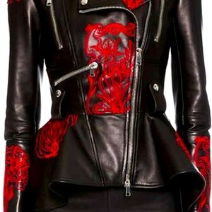 Alexander McQueen leather peplum moto jacket.